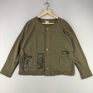 Blue Fish Cardigan Women OS Green Lagenlook‎ Artsy Tea Cup Cotton USA